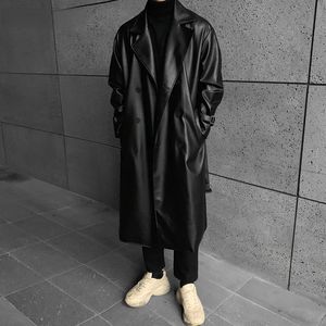 Mäns jackor Spring Autumn Long Black Overized Faux Leather Trench Coat Drop Shoulder Belt Coats For Winter Thick M5XL 230213