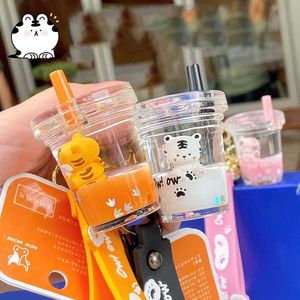 Key Rings Cartoon Tiger Keychain Mini Milk Tea Cup Liquid Crystal Quicksand Key Ring Bag Pendant for Women G230210