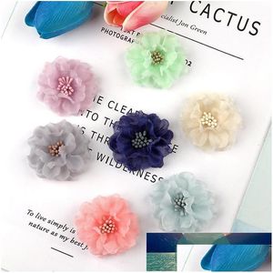 装飾的な花の花輪10pcsシフォンブティックヘアアクセサリーdiyフラワーヘッドウェアファッションアクセサリーヘッドバンドのためのクリップなし