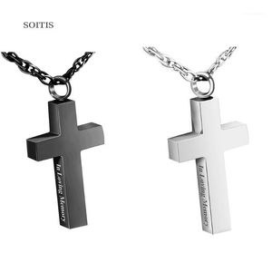 Pendant Necklaces SOITIS Engraved With In Loving Memory Ashes Urn Dangle Cross Shape Black Memorial Necklace Jewelry Prayer Box1