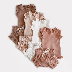 Personalizzazione 2023 Newborn Summer Baby Girls set di abbigliamento senza maniche 100% cotone pagliaccetto a costine solido