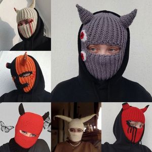 Beanie/Skull Caps Funny Horns Knitted Hat Woolen Hat Full Face Cover Windproof Balaclava Hat Y1QD 230211