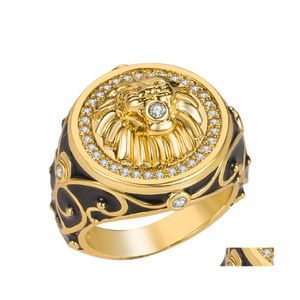 With Side Stones Crown Lion Shield Badge Ring Europe And America Copper Plated Gold Royal Seal Mens Fashion Elegant Accessories Drop Dh8Qp