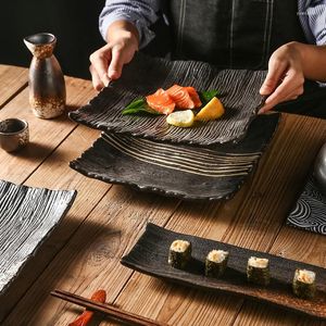 Plates Japanese-style Wood Grain Dinner Plate Household Ceramic Salad Sushi Pottery Dish Kitchen Tableware Dinnerware Tray
