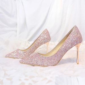 Scarpe Sparkly Champagne Paillettes Per La Sposa Tacco A Spillo Prom Banchetto Tacchi Alti Plus Size Punta A Punta Shallow Bridal Drop D Dhiv3