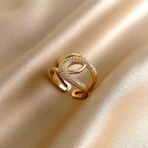 Bandringar Ny charmig 14k Real Gold Double Ring öppningsringar för kvinnor Justerbar design Vackra smycken glänsande AAA Zircon Party Gift G230213