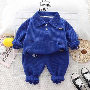 Kleidungssets Frühling Baby Solide Kragen Langarm Set Jahr Alten Jungen Plaid Kordelzug Pullover Hosen Zwei Stück Einfache Lässige Sportswear