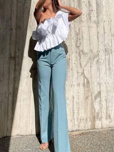Kvinnors T -skjortor Kvinnor One Shoulder Ruffles Cropped Bluses Lady Pleat Elasticity Asymmetric Crop Shirt Top 2023 Summer Side Zipper Bl