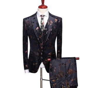 Herrdräkter blazers män blommor smal bankett mode trippel-pack blazer väst broek/manlig high end jacka