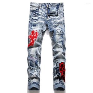 Męskie dżinsy jakość amorek łatka projekt wysokie męskie sprane niebieskie dziury haftowane elastyczne spodnie dżinsowe Punk hip-hop