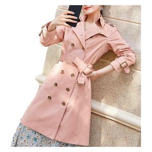 새로운 클래식 여성 트렌치 코트 패션 영국 영국 중간 트렌치 코트 코트 디자인 더블 가슴 카키 핑크면 브랜드 탑 롱 코트 크기 S-XXL