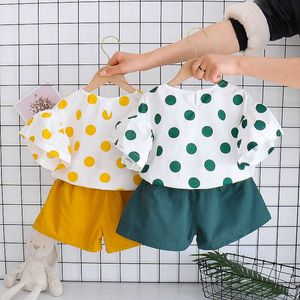 Giyim Bebek Kız Dot Mor Takım Setleri Yaz Kısa Kollu Pamuk Gömlek Şeridi Sevimli İki Parça Set Sarı Çocuk Giysileri