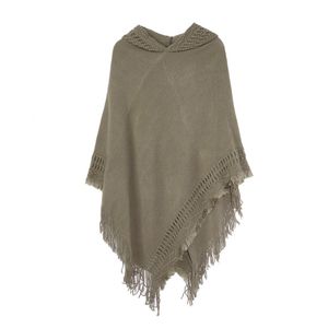 Shawls Women Winter Knitted Hooded Poncho Cape Solid Color Crochet Fringed Tassel Shawl Wrap Oversized Pullover Cloak Sweater 230211