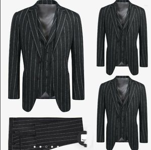 Herrenanzüge, Herren-Blazer aus Wollmischung, gestreift, Weste, Hose, Nadelstreifen, formell, warm, zwei Knöpfe, Revers, Winter-Smoking, 3-teilig