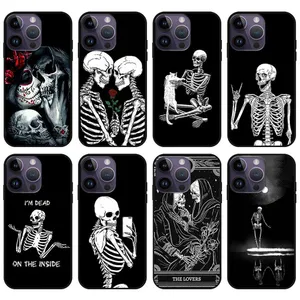 54Designs Lover Ghost Skull Soft TPUケースiPhone 15 14 Pro Max 13 12 11 XS X 8 7 Plus 6 6Sローズフラワーラバープリントブラックファッションブラックカラー携帯電話バックカバー