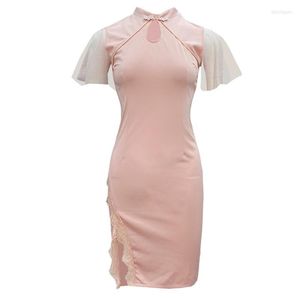 Casual Kleider ZC3248 2023 Chinesischen Wind Sommer Frauen Mode Elegante Cheongsam Volant Rand Sexy Slim Wraps Gesäß Kleid Großhandel