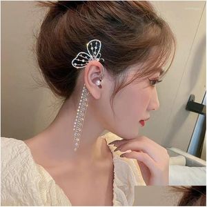 Clip-On Screw Back Backs Earrings 1 Pc Luxury No Piercing Crystal Tassel Chain Ear Cuff Wrap Clip For Women Trendy Butterfly Jewelry Dhiqt