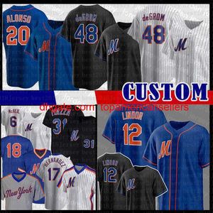 Camisas de beisebol personalizadas 12 Francisco Lindor 48 Jacob DeGrom Jersey New Pete Alonso York Mike Piazza Max Scherzer Keith Hernandez