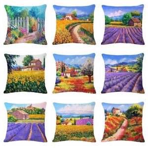 Pillow Square Lavender Gerden Pattern Print Decorative Case Woven Linen Cotton Throw Cover For Chair Seat Living Room