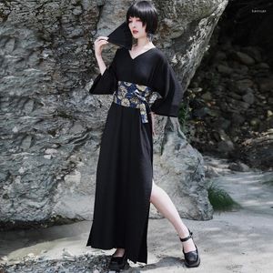 Ethnic Clothing Black Japanese Kimono Dress Fashion Obi For Women Belt Traditional V Neck Yukata Haori Asian Streetwear 11365