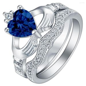 Alianças de casamento de luxo azul royal zircônia pedra banhado a prata conjunto para mulheres noivado presente dos namorados coroa coração cristal joias finas