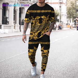 Tute da uomo Tute da uomo Retro Panno oversize Urban Man Summer Men Tuta Vintage stampata in 3D Short Seve T Shirt Pantaloni lunghi Set da 2 pezzi outfit 021323H