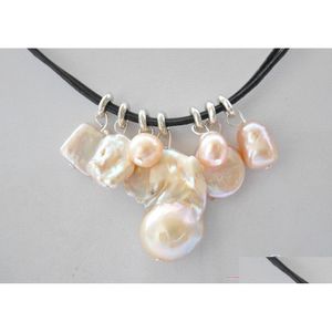 Charms 2Row 19 28mm Pink Baroque Keshi Reborn Pearl Pendant Black Leather ChainCharms Drop Delivery 202 DH5VV
