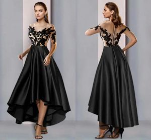 Elegante schwarze Abendkleider mit Illusionsausschnitt, asymmetrischer Satin-Spitze, halbe Ärmel, Abendkleid, High-Low-Robe de Soiree 2023 Neu