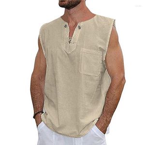 Męskie podkoszulki męskie letnie męskie bawełniane lniane T Shirt bez rękawów Henley Casual luźna koszulka oddychające miękkie koszulki