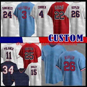 Anpassade basebolltröjor 26 Max Kepler Gary Sanchez Jersey Carlos Correa Miguel Sano Harmon Killebrew Francis Peguero L