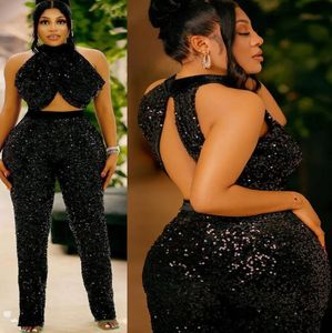 Arabic Aso Ebi Black Jumpsuits Prom Dresses Backless Gillter Sequined Lace Evening Engagement Occasion Gown Pant Suit