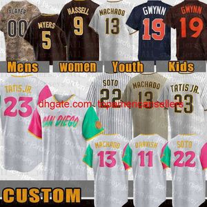 Niestandardowe koszulki baseballowe 22 Juan Soto San Fernando Tatis Jr. Diego Jersey Manny Machado Yu Darvish Tony Gwynn Wil Myers Jake Cron