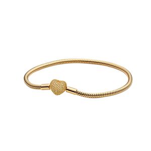 Yellow Gold plated Heart Clasp Bracelet for Pandora CZ Diamond Wedding Jewelry Hand Chain For Women Sterling Silver Snake Chain Charm Bracelets with Original Box