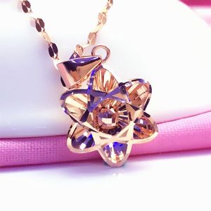 Catene 585 Collana in oro viola placcato 14K rosa brillante con fiori per le donne Ciondolo con perline a forma di luce Gioielli da sposa di lusso