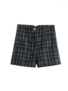 Kvinnors shorts mestraf kvinnor 2023 mode svartvitt kontrollerad tweed vintage höga midjeknappar upp kvinnliga korta byxor streetwear