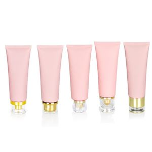 100g Pink frosted squeeze hose cosmetic plastic bottle Refillable Travel facial cleanser hand cream extrusion Tubes with gold cap /White cap