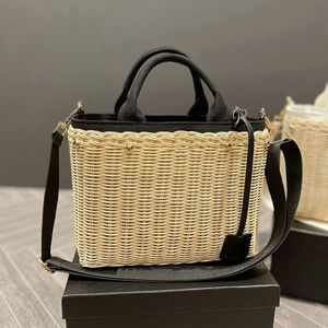 Husk Corn And Leather Bucket Bag Crocheted Raffia Bag Woven Leather Handle Metal Triangle Totes Purse