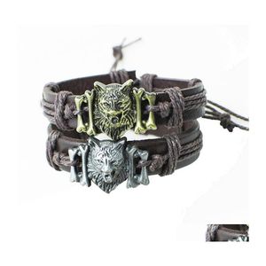 Charm Bracelets Vintage Woven Leather Bracelet Hand Rope Bronze Alloy Wolf Head For Men Fashion Jewelry Drop Delivery Dhwzd