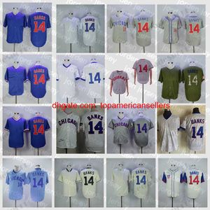 Anpassade basebolltröjor Mens 14 Ernie Banks Vintage 1968 Cream Grey Stitched Shirts Blue Jersey