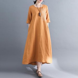 Party Dresses Johnature Women Solid Color O-Neck Half Sleeve Long 2023 Summer Embroidery Irregular Loose Cotton Linen