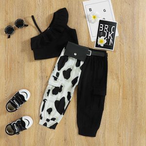 Clothing Sets Baby Girl Outfit Summer New Sling Slanted Shoulder Sleeveless Solid Vest Leopard Print Stitching Trousers Twopiece Suit Y