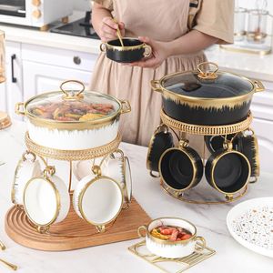 Elegant Ceramic Dinnerware Set, Gold-Plated Dishes, Phnom Penh Soup Pot, 7-Piece with Lid, Ideal for Housewarming Gifts