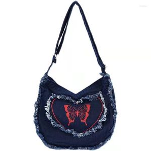 Evening Bags Totes Y2K Crossbody Denim Tassel Jeans Bag Shoulder Strap Butterfly Printing Japanese Style Fashion Trend Large Tote Handbag