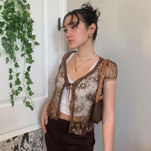 Kadın Tişörtleri Yaz Kahverengi Vintage Dantel Tshirt Üst Kısa Kollu Seksi Örgü Kadın Tshirts V Boyun Çiçek Kawaii Giysileri