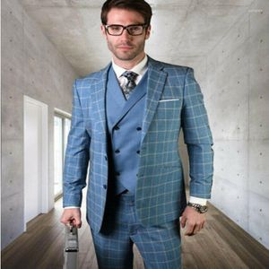 Men's Suits Handsome Men's Tweed Notch Lapel Blue Check/Palid Formal For Wedding Tuxedos Slim Fit Party Prom Suit