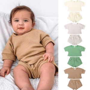 Abbigliamento Estate Novità Pezzi Tuta Set di vestiti per bambini Pullover con waffle Top in cotone MagliettaPantaloncini Tasca per ragazze Completi per bambini