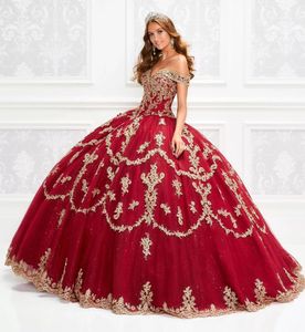 best selling Sparking Red Lace Quinceanera Dresses 2023 Off The Shoulder Gold Applique Ball Gown Floor Length Prom Dress Vestido De Festa Sweet 16 Dress BC9979 GW0213