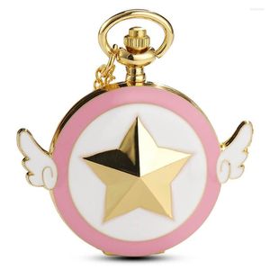 Pocket Watches Cardcaptor Sakura Titta på kedjor Anime Gold Tone Star Wing Quartz Steampunk Pendent Halsband Kvinnor Män gåvor