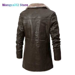 Herrjackor män långa fece ater jacka vinter ny casual tjock parkas ma outfit varm vintage pocket breasted faux ather jackets coat 021323h