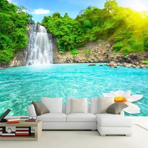 Bakgrunder Anpassad naturlandskap 3D väggmålning Forest Waterfall Pools Po Self Lime Wallpaper Room Landscape Living Soffa Backdrop